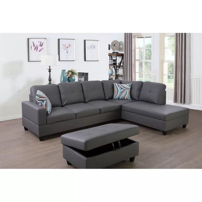 L-Shape Sectional Sofa: 3 - Piece Faux Leather Sectional(Dark Gray)