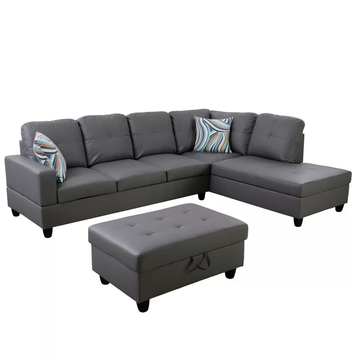 L-Shape Sectional Sofa: 3 - Piece Faux Leather Sectional(Dark Gray)