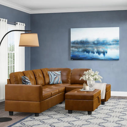 L-Shape Sectional Sofa: 3 - Piece Faux Leather Sectional(Ginger)