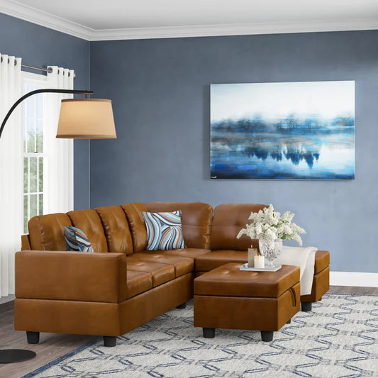 L-Shape Sectional Sofa: 3 - Piece Faux Leather Sectional(Ginger)