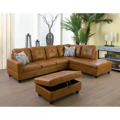 L-Shape Sectional Sofa: 3 - Piece Faux Leather Sectional(Ginger)