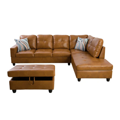 L-Shape Sectional Sofa: 3 - Piece Faux Leather Sectional(Ginger)