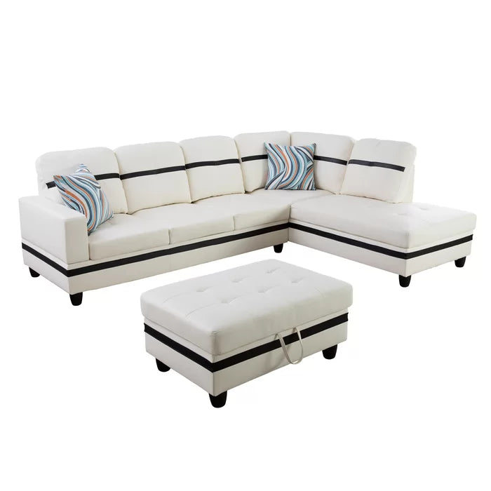 L-Shape Sectional Sofa: 3 - Piece Faux Leather Sectional(Off White/Black)