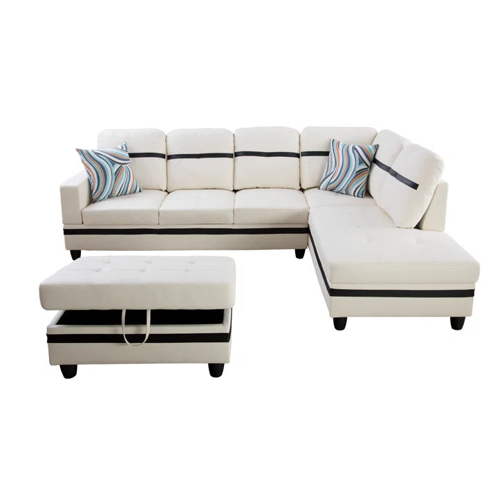L-Shape Sectional Sofa: 3 - Piece Faux Leather Sectional(Off White/Black)
