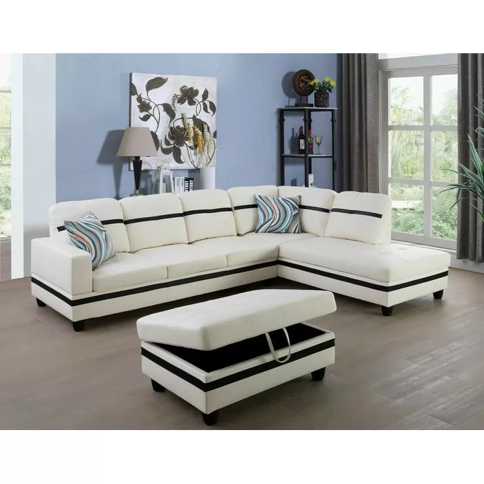 L-Shape Sectional Sofa: 3 - Piece Faux Leather Sectional(Off White/Black)