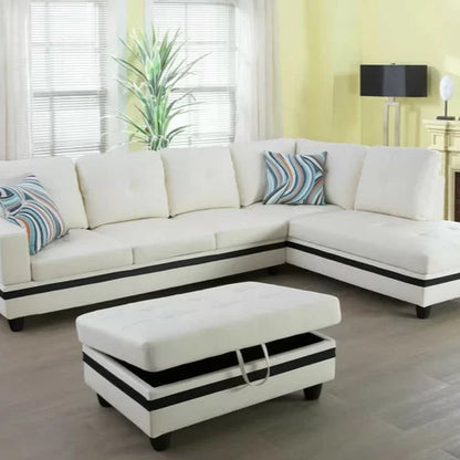 L-Shape Sectional Sofa: 3 - Piece Faux Leather Sectional(Off White Stripe)