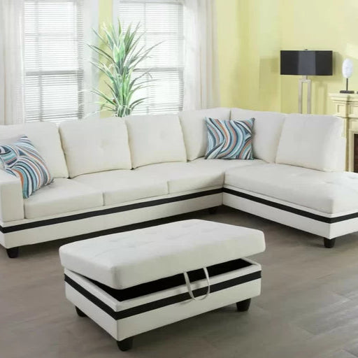 L-Shape Sectional Sofa: 3 - Piece Faux Leather Sectional(Off White Stripe)