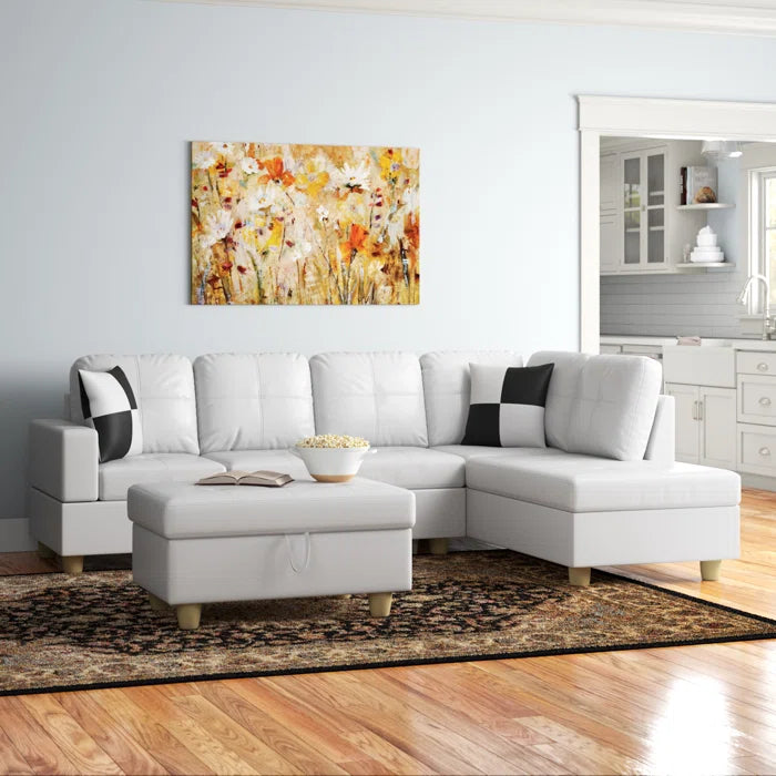 L-Shape Sectional Sofa: 3 - Piece Faux Leather Sectional(Off White)