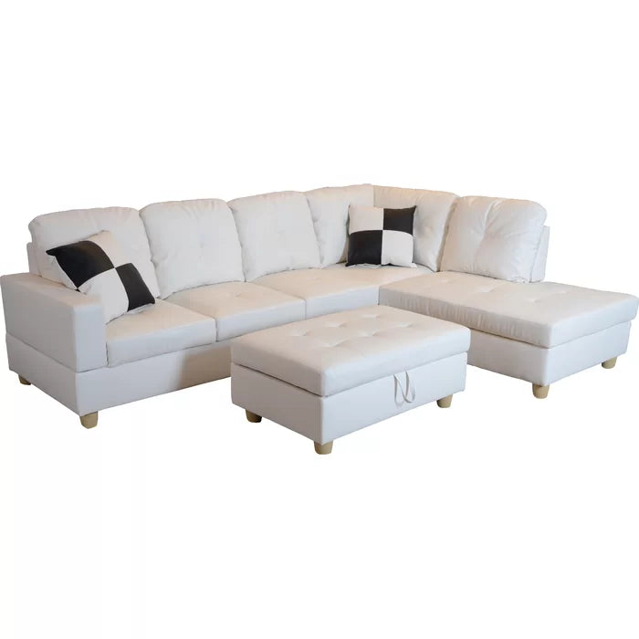 L-Shape Sectional Sofa: 3 - Piece Faux Leather Sectional(Off White)