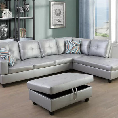 L-Shape Sectional Sofa: 3 - Piece Faux Leather Sectional(Shining Gray)
