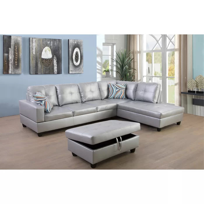 L-Shape Sectional Sofa: 3 - Piece Faux Leather Sectional(Shining Gray)
