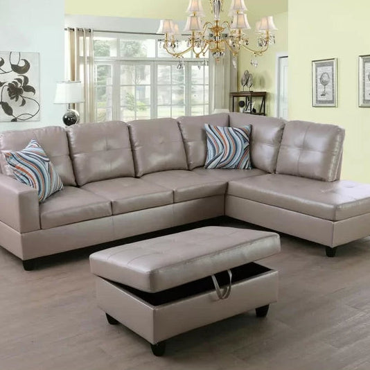 L-Shape Sectional Sofa: 3 - Piece Faux Leather Sectional(Silver/Gold)