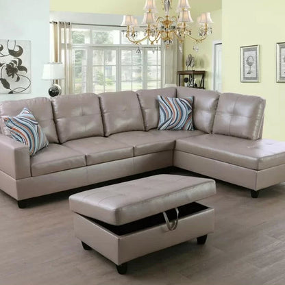 L-Shape Sectional Sofa: 3 - Piece Faux Leather Sectional(Silver/Gold)