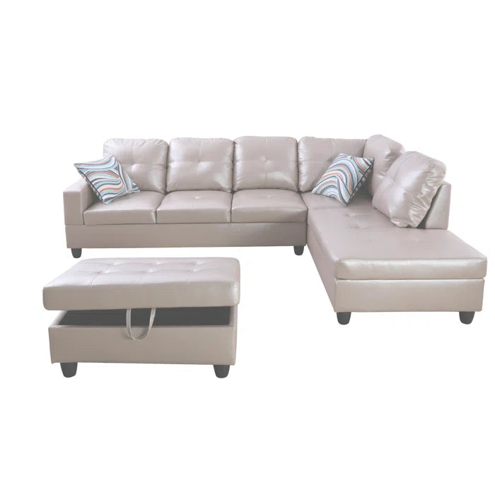 L-Shape Sectional Sofa: 3 - Piece Faux Leather Sectional(Silver/Gold)