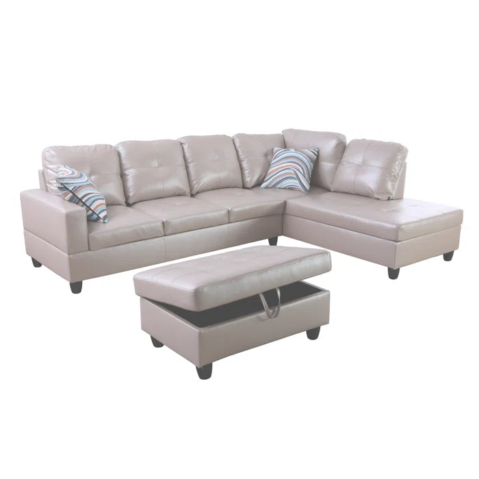 L-Shape Sectional Sofa: 3 - Piece Faux Leather Sectional(Silver/Gold)