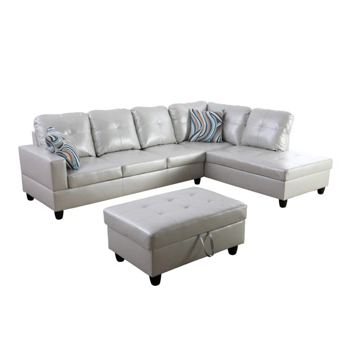 L-Shape Sectional Sofa: 3 - Piece Faux Leather Sectional(Silver Light Gray)