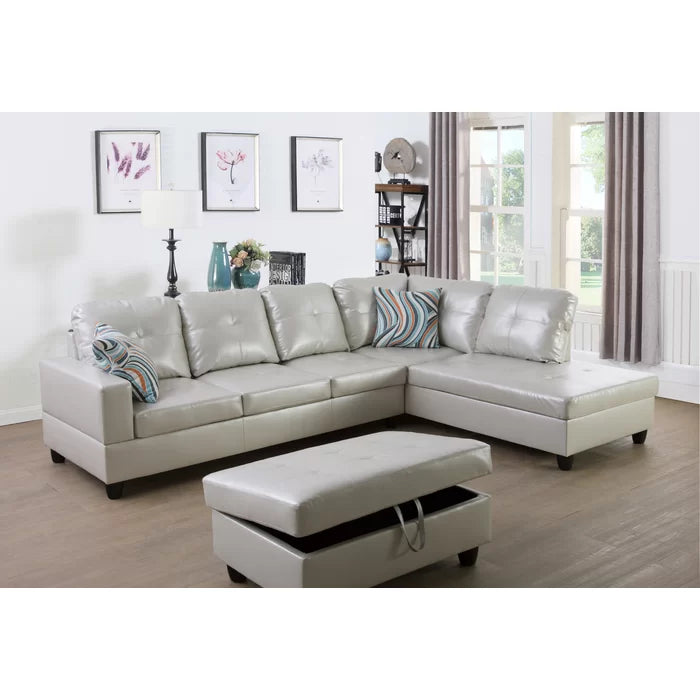 L-Shape Sectional Sofa: 3 - Piece Faux Leather Sectional(Silver Light Gray)