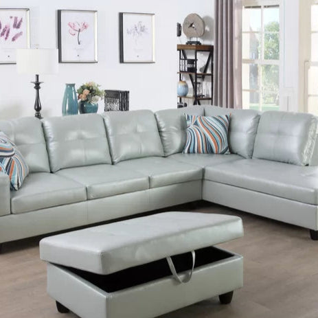 L-Shape Sectional Sofa: 3 - Piece Faux Leather Sectional(Silver)