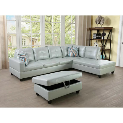 L-Shape Sectional Sofa: 3 - Piece Faux Leather Sectional(Silver)