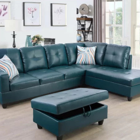 L-Shape Sectional Sofa: 3 - Piece Faux Leather Sectional(Turquoise)