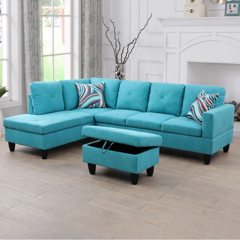 L-Shape Sectional Sofa: 3 - Piece L- Shaped Upholstered Living Room Sectional Sofa(Aquamarin Polyester Blend)