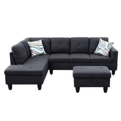 L-Shape Sectional Sofa: 3 - Piece L- Shaped Upholstered Living Room Sectional Sofa(Black Linen)