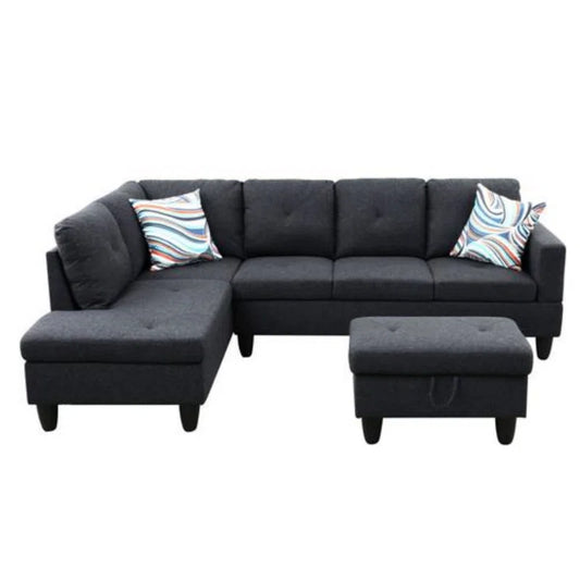 L-Shape Sectional Sofa: 3 - Piece L- Shaped Upholstered Living Room Sectional Sofa(Black Linen)