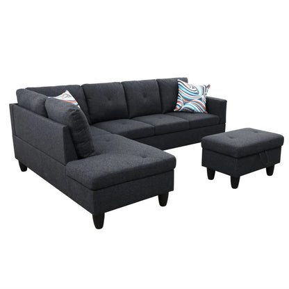 L-Shape Sectional Sofa: 3 - Piece L- Shaped Upholstered Living Room Sectional Sofa(Black Linen)