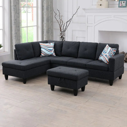 L-Shape Sectional Sofa: 3 - Piece L- Shaped Upholstered Living Room Sectional Sofa(Black Linen)