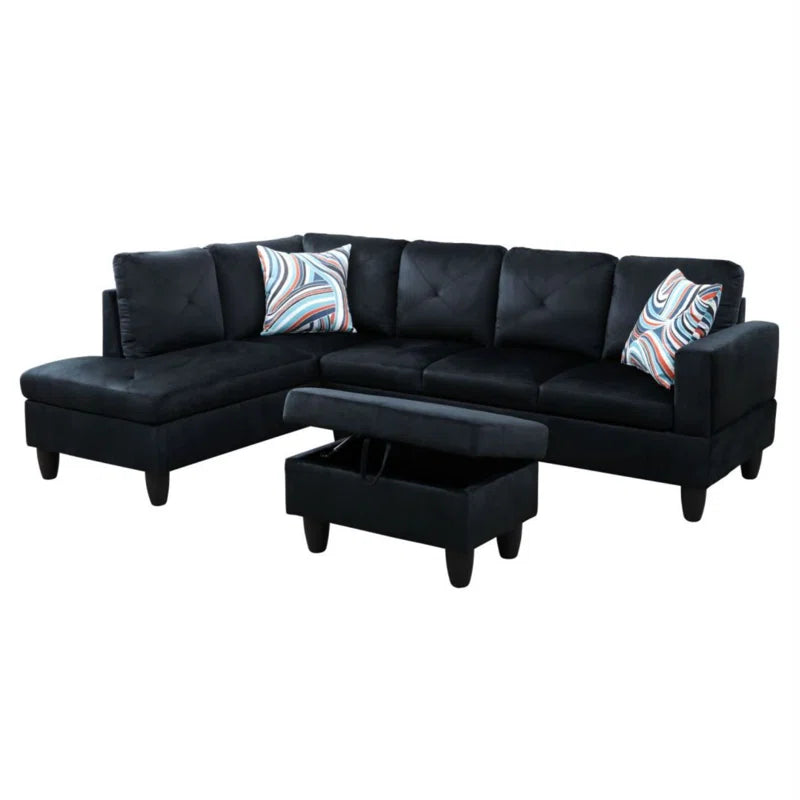 L-Shape Sectional Sofa: 3 - Piece L- Shaped Upholstered Living Room Sectional Sofa(Black Microfiber/Microsuede)