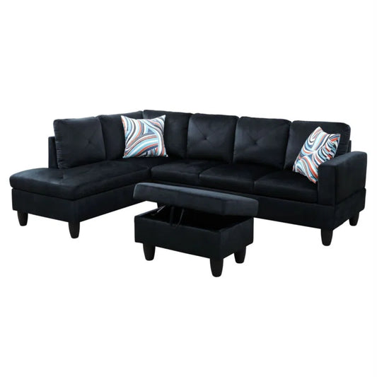L-Shape Sectional Sofa: 3 - Piece L- Shaped Upholstered Living Room Sectional Sofa(Black Microfiber/Microsuede)