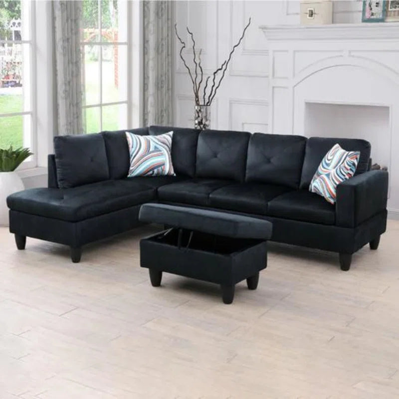 L-Shape Sectional Sofa: 3 - Piece L- Shaped Upholstered Living Room Sectional Sofa(Black Microfiber/Microsuede)