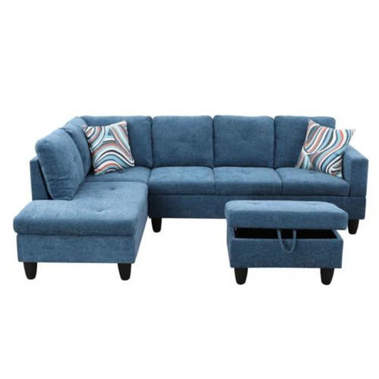 L-Shape Sectional Sofa: 3 - Piece L- Shaped Upholstered Living Room Sectional Sofa(Blue Polyester Blend)