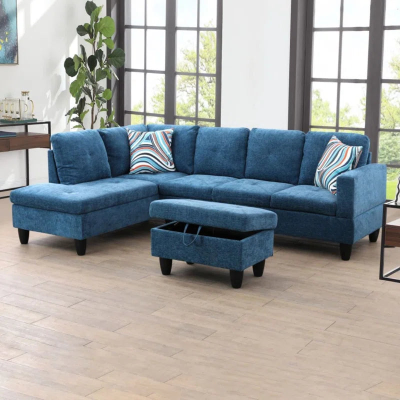 L-Shape Sectional Sofa: 3 - Piece L- Shaped Upholstered Living Room Sectional Sofa(Blue Polyester Blend)