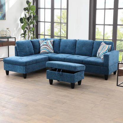 L-Shape Sectional Sofa: 3 - Piece L- Shaped Upholstered Living Room Sectional Sofa(Blue Polyester Blend)