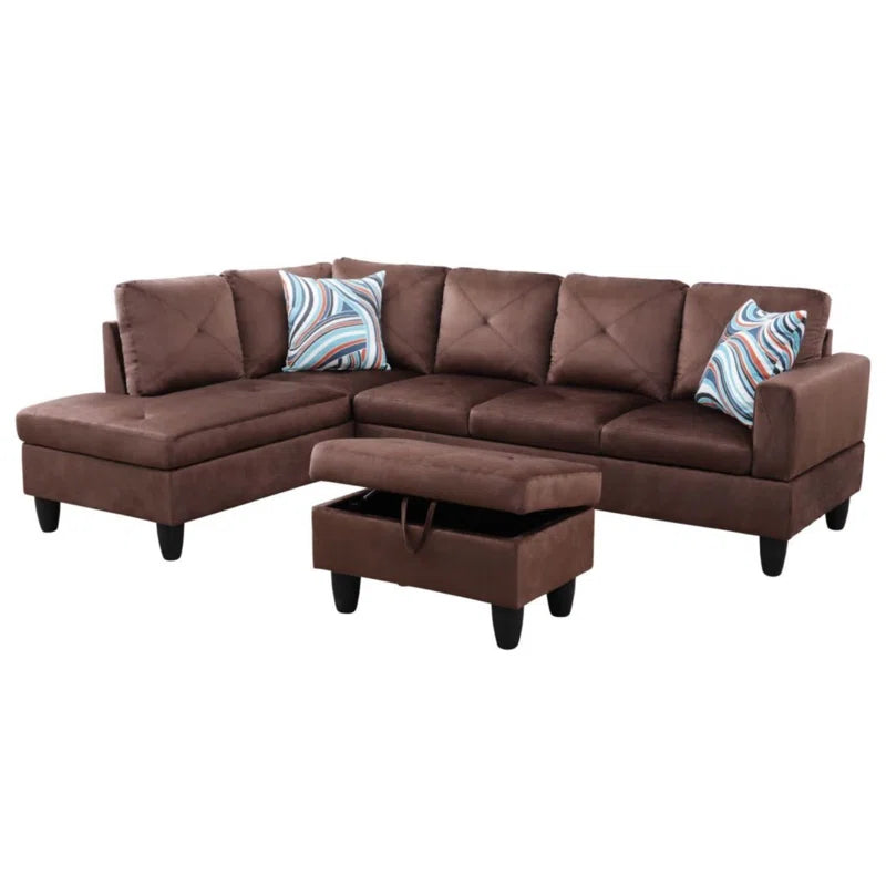 L-Shape Sectional Sofa: 3 - Piece L- Shaped Upholstered Living Room Sectional Sofa(Brown Microfiber/Microsuede)