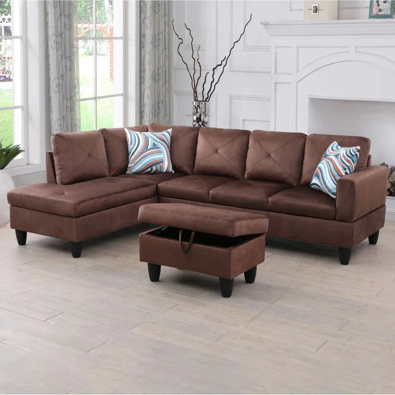 L-Shape Sectional Sofa: 3 - Piece L- Shaped Upholstered Living Room Sectional Sofa(Brown Microfiber/Microsuede)