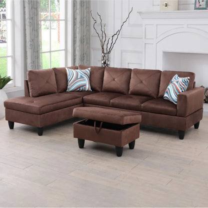 L-Shape Sectional Sofa: 3 - Piece L- Shaped Upholstered Living Room Sectional Sofa(Brown Microfiber/Microsuede)