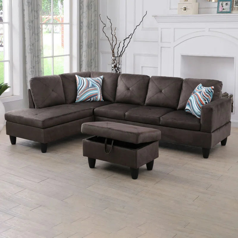 L-Shape Sectional Sofa: 3 - Piece L- Shaped Upholstered Living Room Sectional Sofa(Chocolate Microfiber/Microsuede)