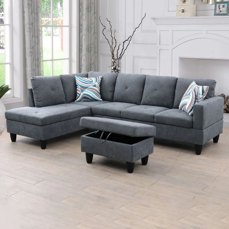 L-Shape Sectional Sofa: 3 - Piece L- Shaped Upholstered Living Room Sectional Sofa(Dark Gray Polyester Blend)
