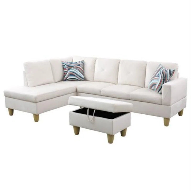 L-Shape Sectional Sofa: 3 - Piece L- Shaped Upholstered Living Room Sectional Sofa(White Microfiber/Microsuede)