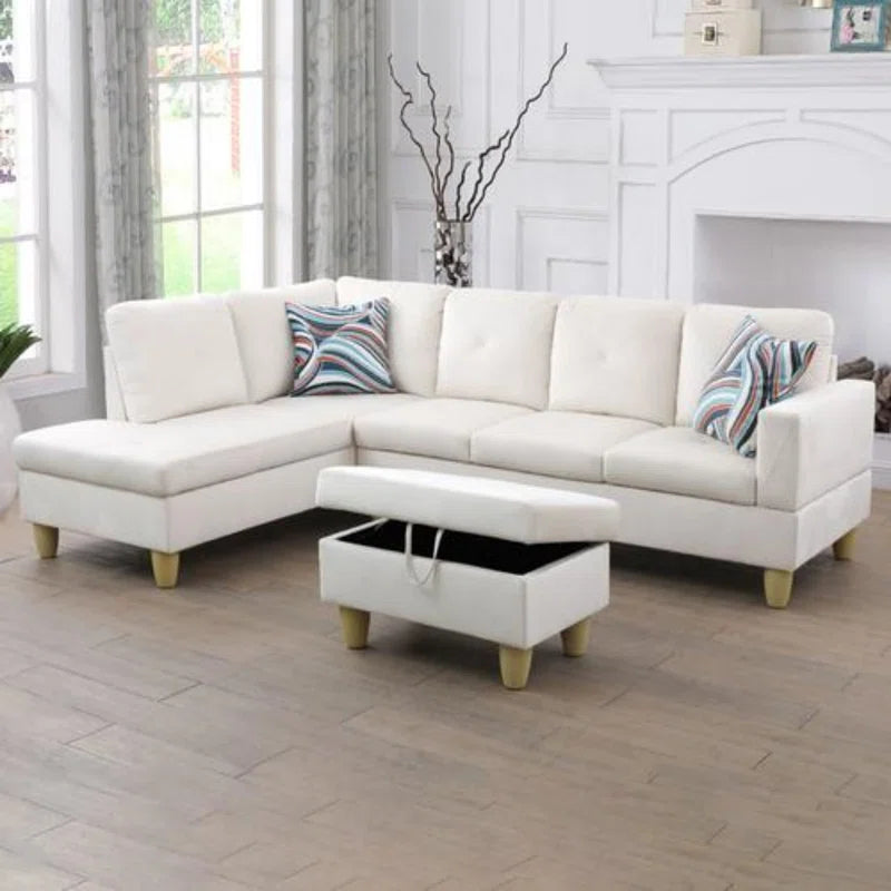 L-Shape Sectional Sofa: 3 - Piece L- Shaped Upholstered Living Room Sectional Sofa(White Microfiber/Microsuede)