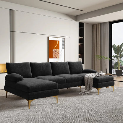 U-Shape Sectional Sofa: 110.6" Wide 3-Piece Upholstered Sectional with Chaise Longue(Black Chenille)
