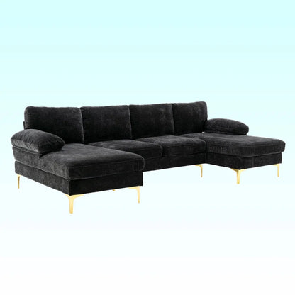 U-Shape Sectional Sofa: 110.6" Wide 3-Piece Upholstered Sectional with Chaise Longue(Black Chenille)