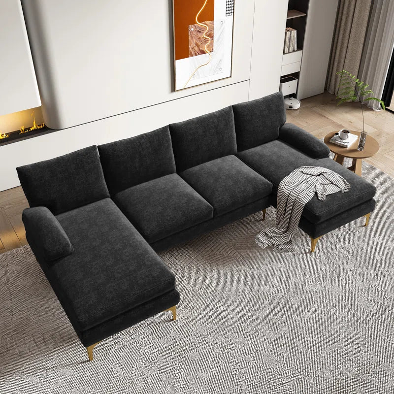 U-Shape Sectional Sofa: 110.6" Wide 3-Piece Upholstered Sectional with Chaise Longue(Black Chenille)