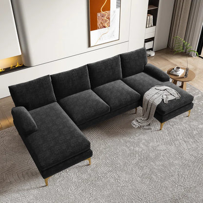 U-Shape Sectional Sofa: 110.6" Wide 3-Piece Upholstered Sectional with Chaise Longue(Black Chenille)
