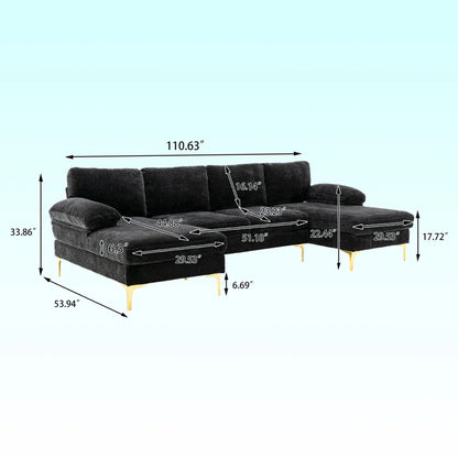 U-Shape Sectional Sofa: 110.6" Wide 3-Piece Upholstered Sectional with Chaise Longue(Black Chenille)
