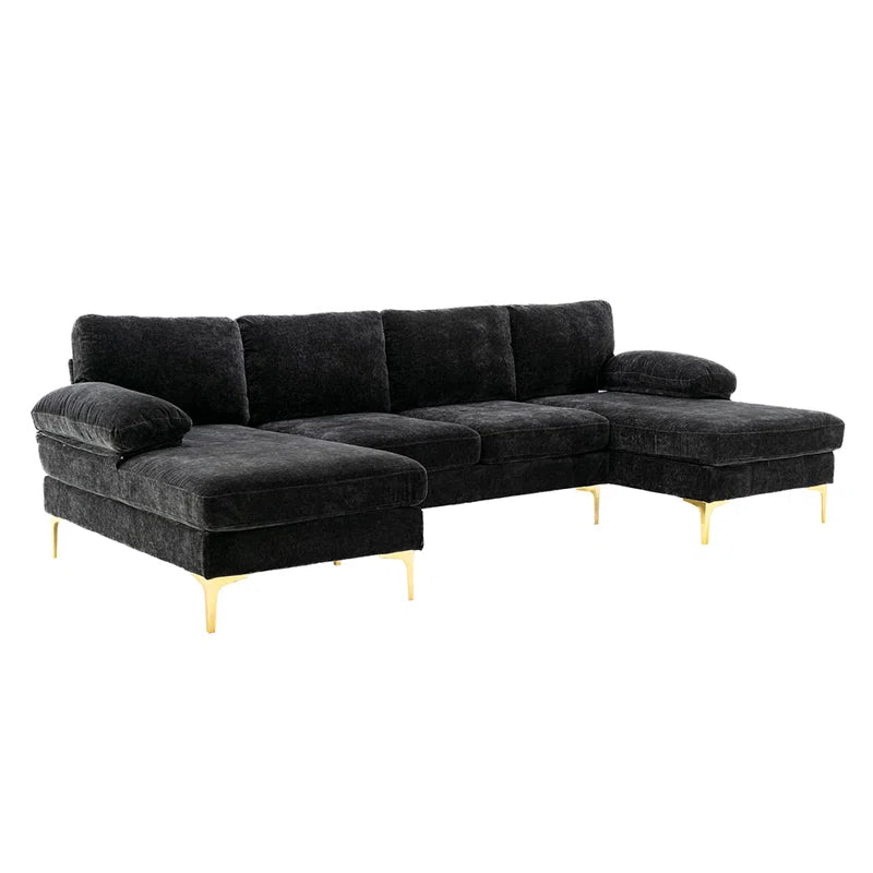 U-Shape Sectional Sofa: 110.6" Wide 3-Piece Upholstered Sectional with Chaise Longue(Black Polyester Blend)