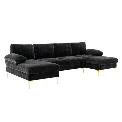 U-Shape Sectional Sofa: 110.6" Wide 3-Piece Upholstered Sectional with Chaise Longue(Black Polyester Blend)