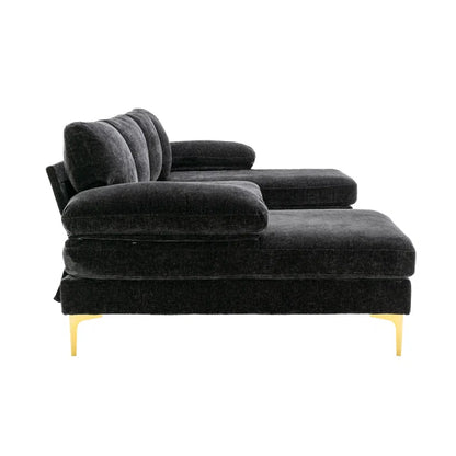 U-Shape Sectional Sofa: 110.6" Wide 3-Piece Upholstered Sectional with Chaise Longue(Black Polyester Blend)